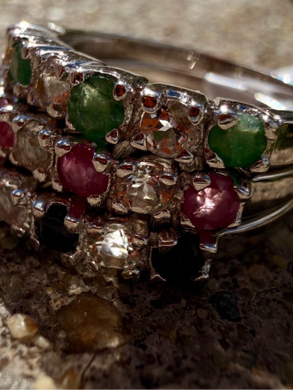 14K White Gold Over 925 Silver Multi Gemstone Ring Sapphire Emerald Ruby & Topaz - Picture 9 of 13